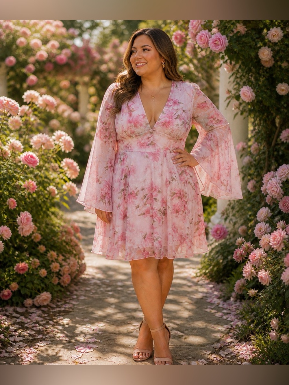 Double Crazy Pink Floral V-Neck Chiffon Mini Dress